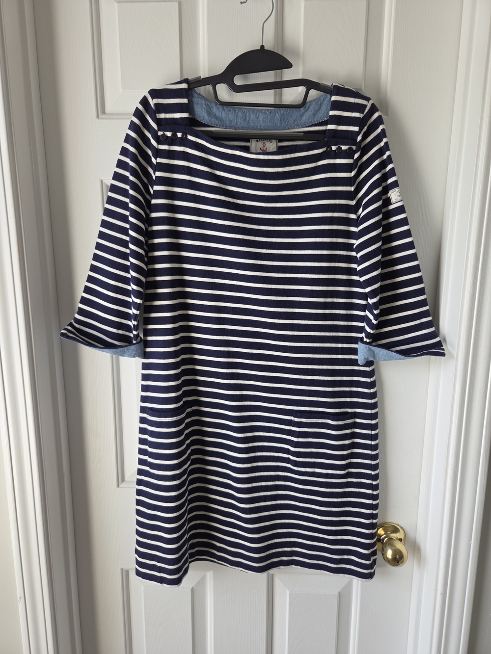 Joules Navy and White Striped Midi Dress With Pockets